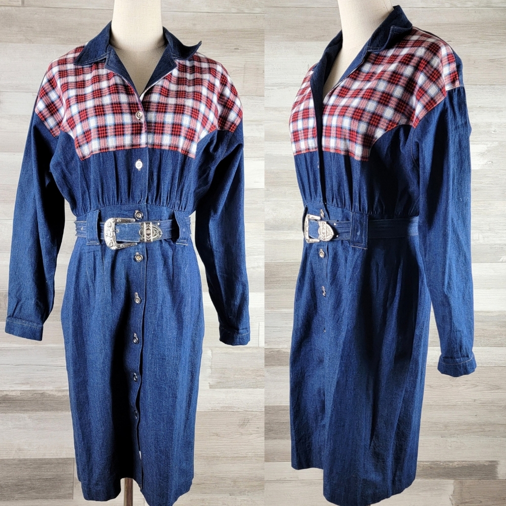 Vintage Carol Anderson Denim, Plaid Button Front Belted Dress Women's 5/6 USA - Picture 15 of 15